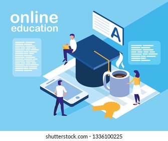 online education with smartphone and mini people