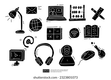 Online education solod doodle icon set. Distance learning. video tuition, online course, e-learning, audio course, educational website. Vector illustration