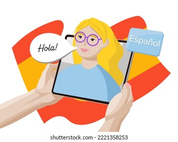 Online Education, Spanish Language online course. Young people are studying. Educational webinar, internet classes, digital classroom, online teaching. Spain Flag. Flat vector illustration.