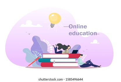 Online education. A stack of books with files and characters. Vector illustration in cartoon flat style.