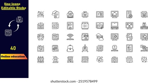 Online education stroke icon set, featuring icons for video tutorials, e-learning, online courses, audio lessons, educational websites, and digital learning.