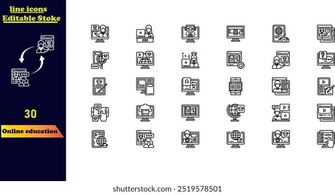 Online education stroke icon set, featuring icons for video tutorials, e-learning, online courses, audio lessons, educational websites, and digital learning.