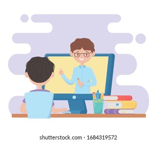 online education student boy watching video on computer vector illustration