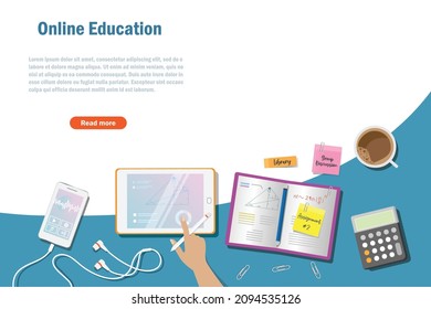 Online Education, Student Desk Studying Mathematics With Stationery Supplies And Listening To Music. Banner, Template And Web Design For Education, Back To School And Student College Modern Lifestyle.