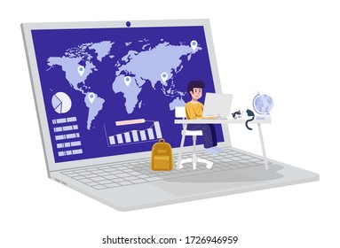 Online education, A student having video conference with teacher at home. Vector