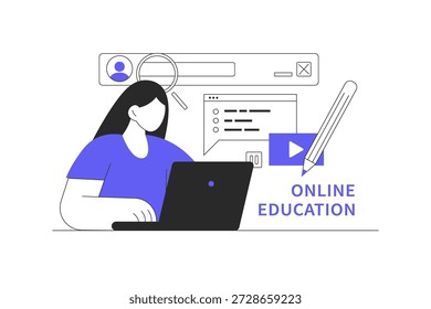 Online education. Student learning at video lessons, doing homework, searches information. Flat Cartoon Vector Illustration, icon Stylish abstract design landing page web