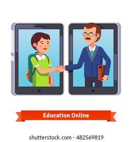 Online education. Student and teacher talking via video conference call with tablets or smartphone. Shaking hands with professor from the internet. Flat style vector illustration isolated on white.