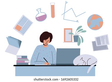 online education for students. Girl high school is studying at home at the computer and doing homework. Around symbols of science. Mathematics, geography, chemistry, literature. Vector illustration