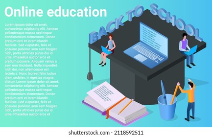 Online-Bildung. Die Schüler bereiten sich darauf vor, zur Schule zurückzukehren. Distance learning.Poster im Business Style.Flache Vektorgrafik.