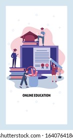 Online education. Students study online course and get diploma. College degree. Vector web site design template. Landing page website concept illustration