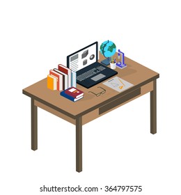 Online education. Students are taught online. Flat modern illustration of learning process. Isometric