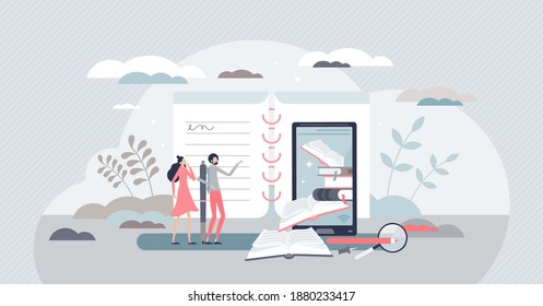 Online education and study with e-learning materials tiny person concept. Digital book literature for knowledge development and growth vector illustration. Reading and learning to gain intelligence.