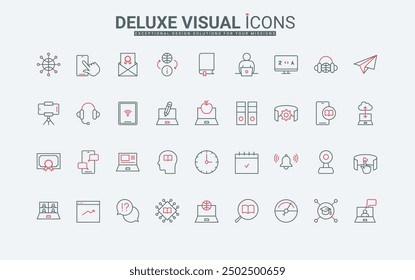 Online education, study and instructions, tutorials line icons set. Class lesson with teacher and student, seminar and webinar, homework thin black and red outline symbols vector illustration