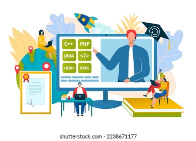 Online education study technology concept, flat computer web university vector illustration. Business it knowledge, information and digital training