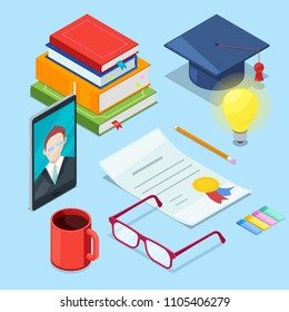Online education and study. Vector 3d isometric icons of smartphone, books and diploma. Web learning and training concept.