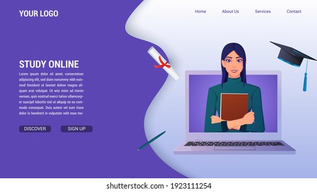 Online Education and Studying From Computer Concept for landing page, With Diploma And Graduation Hat and Woman Holding Book Vector Illustration.