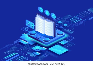 Online education or studying in internet concept. Digital Vector illustration blue background. Online reading or courses. Digital Classroom Online Education. 