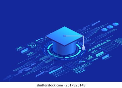 Online education or studying in internet concept. Digital Vector illustration blue background. Online reading or courses. Digital Classroom Online Education. 