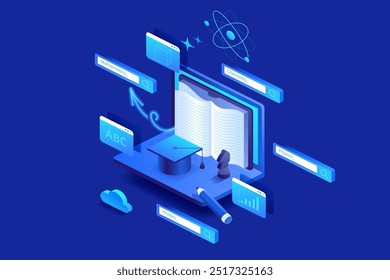 Online education or studying in internet concept. Digital Vector illustration blue background. Online reading or courses. Digital Classroom Online Education. 