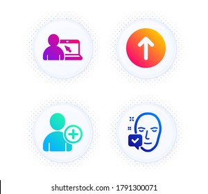 Online Education, Swipe Up And Add User Icons Simple Set. Button With Halftone Dots. Face Accepted Sign. Internet Lectures, Scroll Screen, Profile Settings. Access Granted. Business Set. Vector