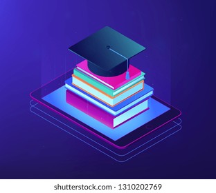 Online education with tablet and stack of books, academic cap on it. Digital education, online courses growing, e-school graduation concept. Ultraviolet neon vector isometric 3D illustration.