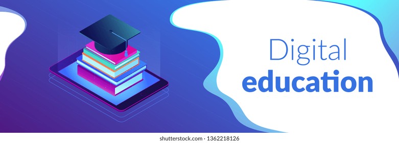 Online education with tablet and stack of books, academic cap on it. Digital education, online courses growing, e-school graduation concept. Isometric 3D banner header template copy space.