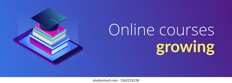 Online education with tablet and stack of books, academic cap on it. Digital education, online courses growing, e-school graduation concept. Isometric 3D banner header template copy space.