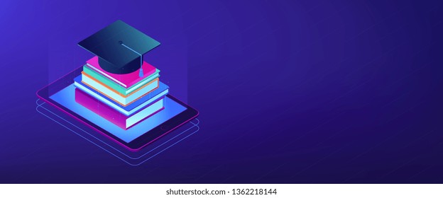 Online education with tablet and stack of books, academic cap on it. Digital education, online courses growing, e-school graduation concept. Isometric 3D banner header template copy space.