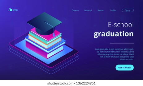 Online education with tablet and stack of books, academic cap on it. Digital education, online courses growing, e-school graduation concept. Isometric 3D website app landing web page template