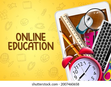 Online education tablet vector design. Online education text with keyboard, mouse and tablet device school items for digital distance e-learning study. Vector illustration