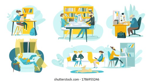 Online education, taining courses, web technologies set of flat vector illustration with distance tutorials and teachers, students lerning online. Internet schools for children and distance education.