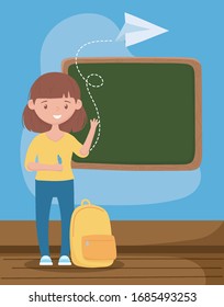online education, teacher with backpack pen and chalkboard vector illustration