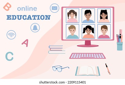 Online education. The teacher conducts a lesson at the computer screen. Vector illustration 