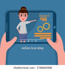 online education teacher gives a distant lesson in mobile app online. On tablet learning. Flat design illustration.