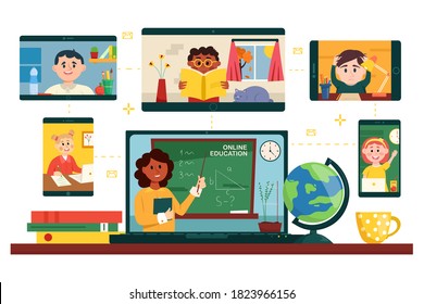 Online education. Teacher with junior school students using video conference service for e-learning, distant education from home. Vector illustration.