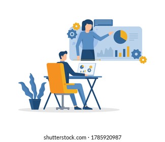 Online education. Online teacher on computer monitor. Webinar and video seminar learning vector concept