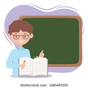 online education, teacher with pencil books and chalkbook class vector illustration