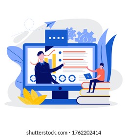 Online education and teaching, web seminar, internet classes, digital classroom, workshop, or professional personal teacher service concept. Modern flat style illustration.