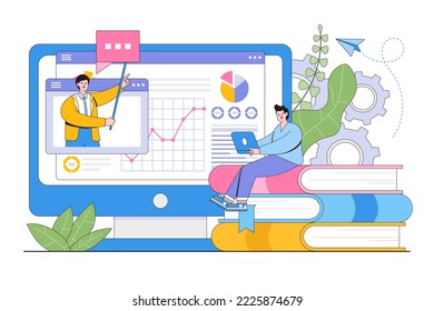 Online education and teaching, web seminar, internet classes, digital classroom, workshop, or professional personal teacher service concept. Modern flat style illustration.