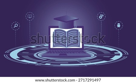 Online education technology background showing laptop with book and graduation cap digital learning concept for elearning platforms courses training innovation and study solutionsx