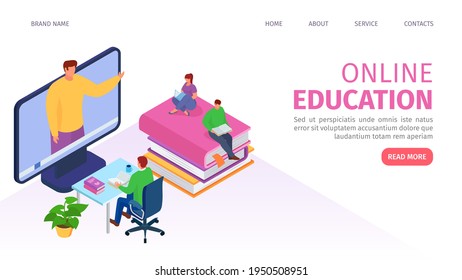 Online education technology concept, isometric web page, vector illustration. Flat people man woman character get knowledge by computer