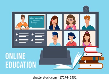 Online education, technology and home concept. Computer with video call people on screen. Video conference, video call. Internet workplace office. Online school study, university learning. Vector.