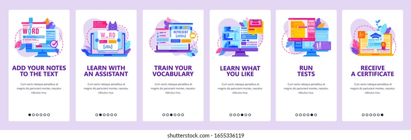 Online education technology. Learn foreign language on computer. Vocabulary, translation, save words. Mobile app screens. Vector template for mobile development. Web site design illustration.