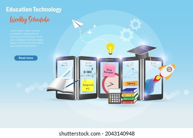 Online education technology on smart phone application, student weekly schedule, digital timetable planner. 3D vector illustrated student books, pencil and school stationary on mobile phone.