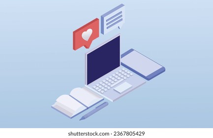 Online education technology using laptops.on blue background.3D design.isometric vector design Illustration.
