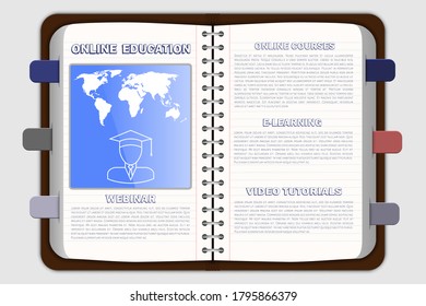 Online education template. Open notebook with screen. Distance education concept. Online courses, e-learning. Vector illustration.