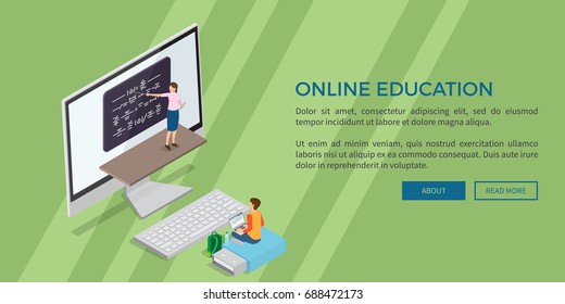 Online education template vector web banner in flat design of teacher near blackboard, computer screen and boy with laptop on flash drive