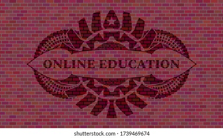 Texto de EDUCACIÓN EN LÍNEA dentro del emblema de la pared de piedra de ladrillo. Los azulejos son un bonito fondo. Ilustración artística. 