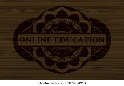 Texto de EDUCACIÓN EN LÍNEA dentro de una insignia realista de madera oscura. Marrón elegante fondo. Ilustración artística. 