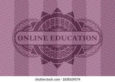 ONLINE EDUCATION text inside pink wavy emblem. Curve luxurious background. Vector illustration. 